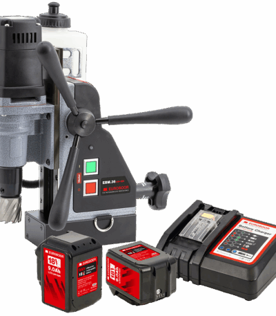 Euroboor draadloze magneetboormachine EBM.36/P-18V kopen met lader en 2x 9 Ah accu's en met gratis kernborenset